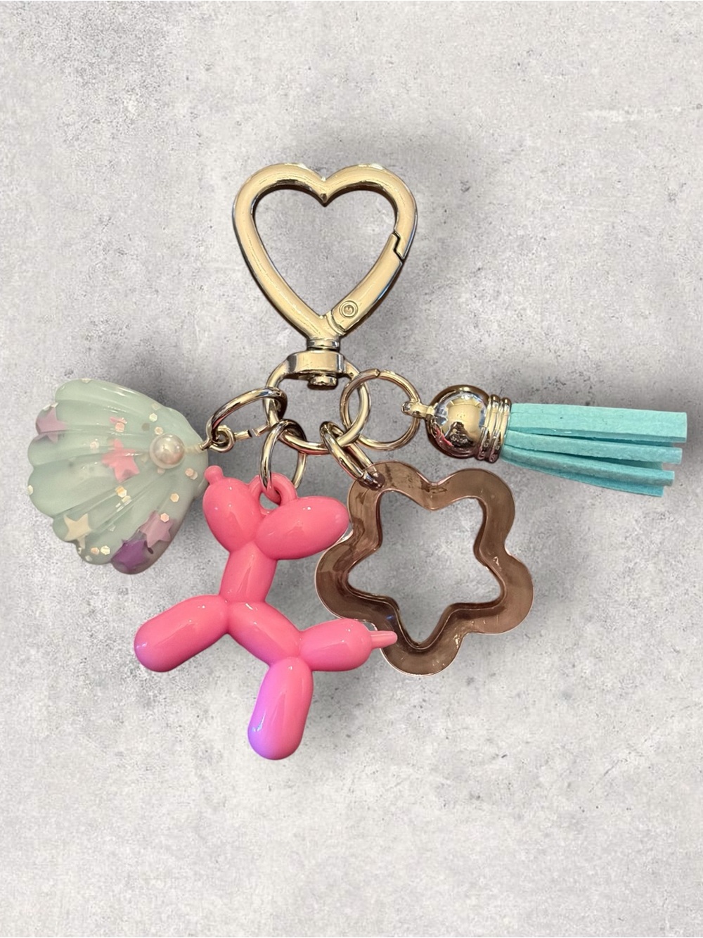 Pink Balloon Dog Heart Keychain with Mint Tassel